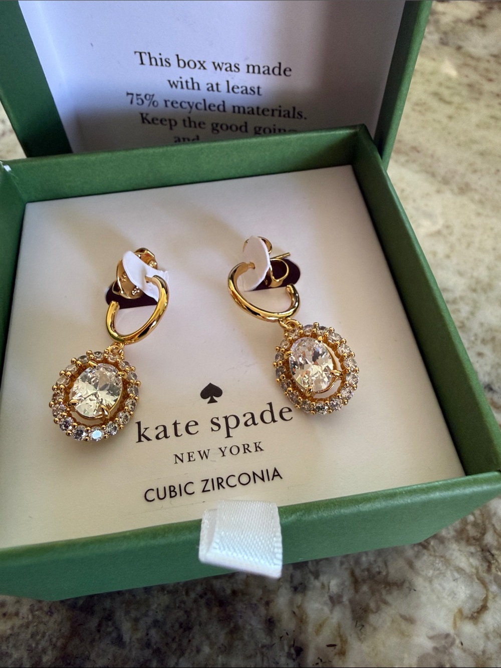 Kate Spade gold and white cubic zirconia drop earrings NIB